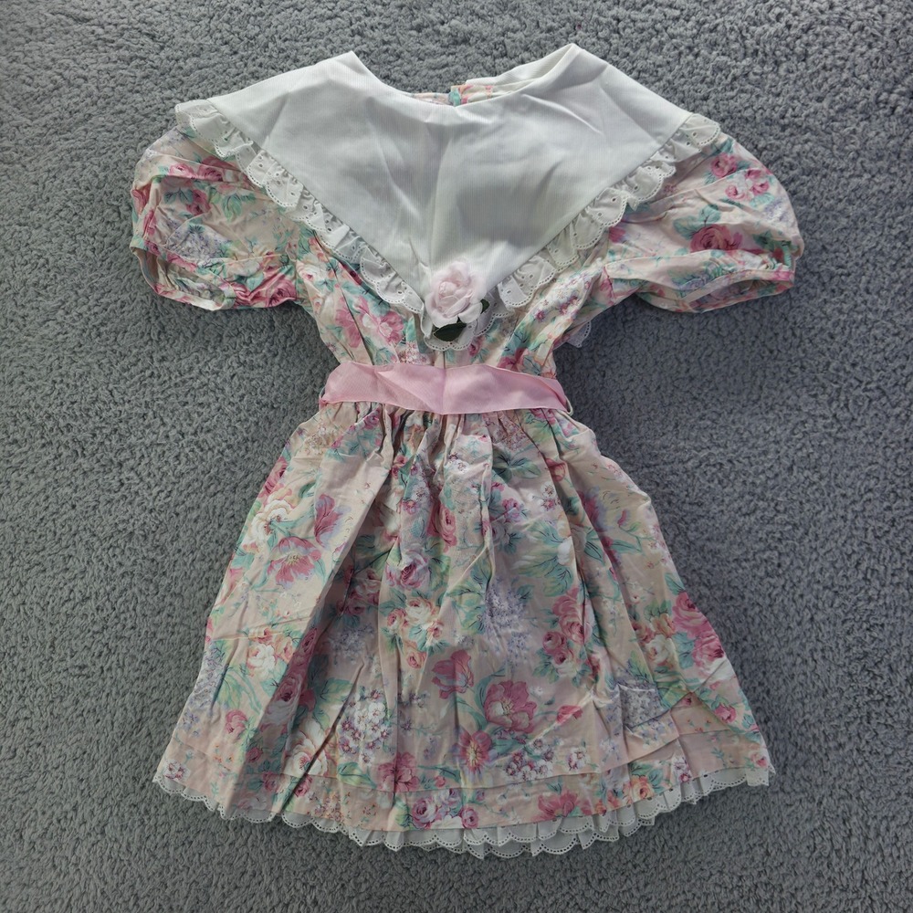 Jane Darling Vintage Floral Sailor Collar Dress Pink Rose Eyelet Lace 6X USA 90s